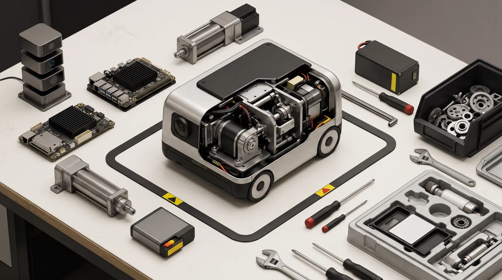 Technical teardown of a physical AI device surrounded by sensors, edge compute, actuator, battery, safety markers, spare parts, and repair tools