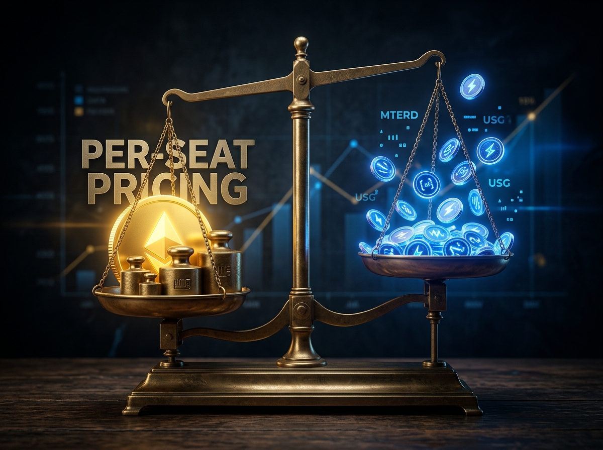 Balance scale with per-seat pricing sinking on one side and metered usage tokens rising on the other