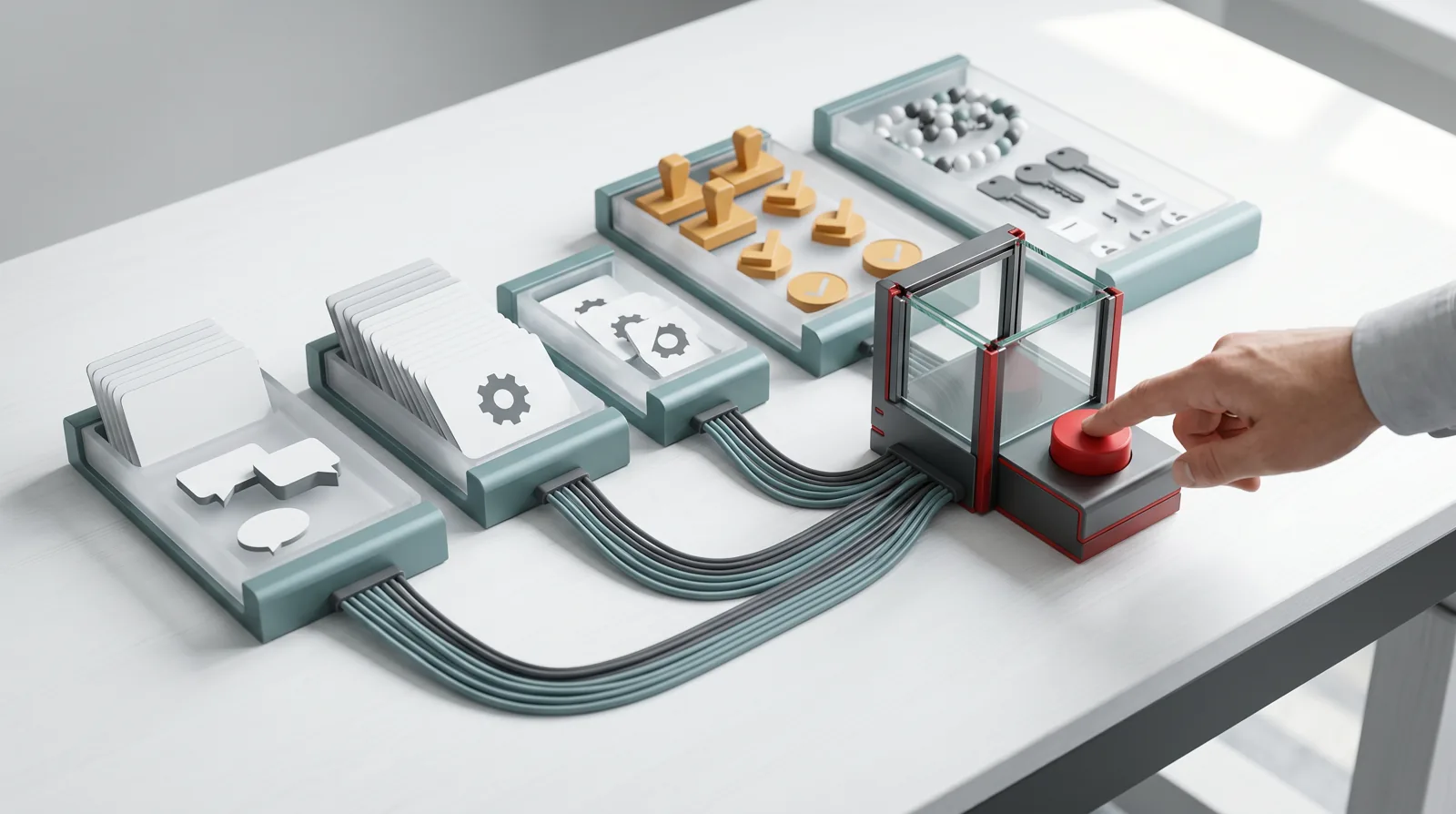 Four-stream AI jobs map showing customer work, operator work, decision work, and control work feeding a guarded automation module with human approval