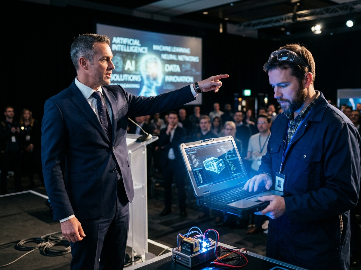 Executive pointing at slide with AI buzzwords while a builder shows working prototype on laptop