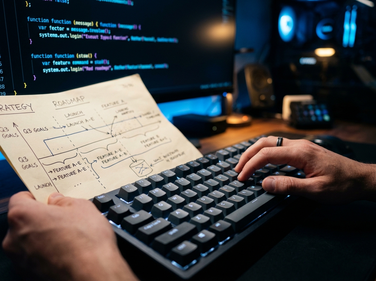 Hands on keyboard, one hand dragging a roadmap and other hand writing code simultaneously