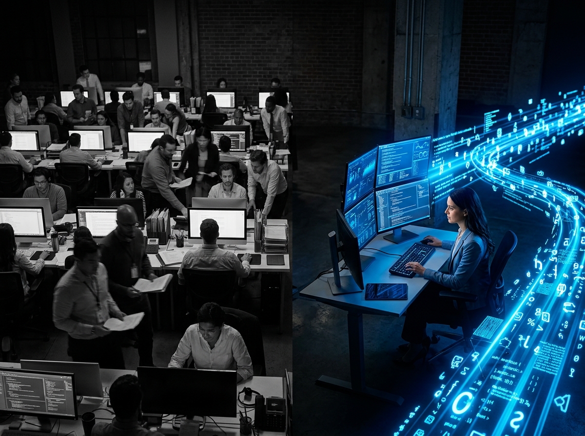 Two teams: large team with no AI adoption on left, one person with unlimited tokens shipping faster on right