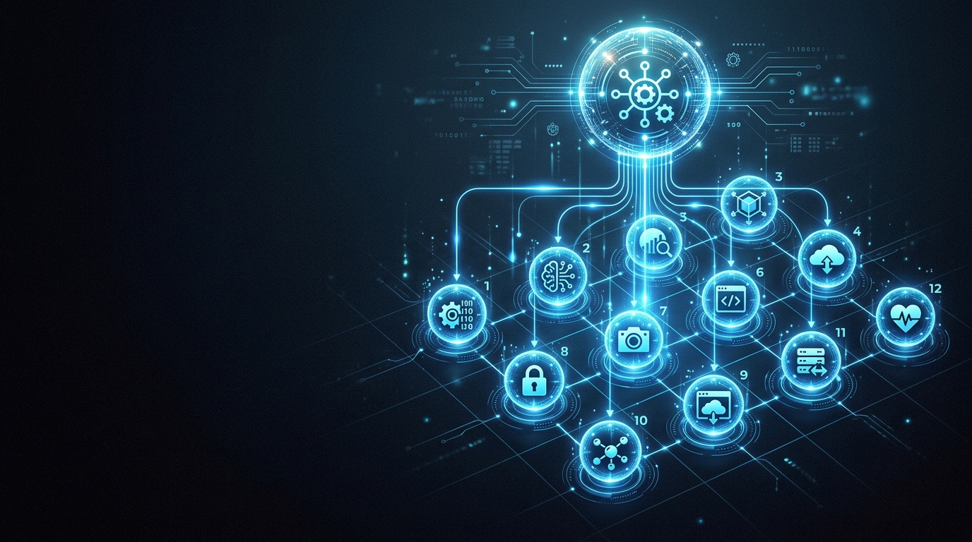 Manager node overseeing a grid of worker nodes, each performing different tasks