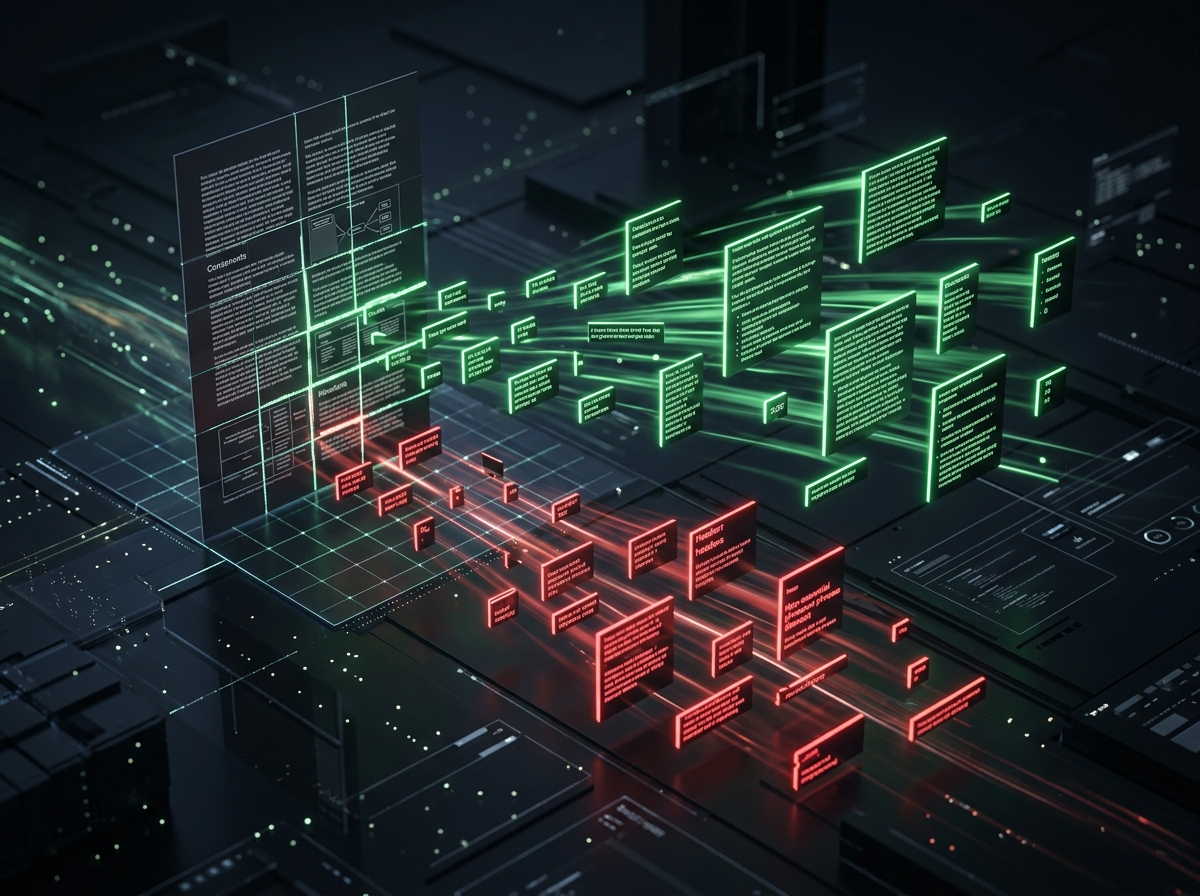 Document being chunked into different sizes, some chunks glowing green and others red