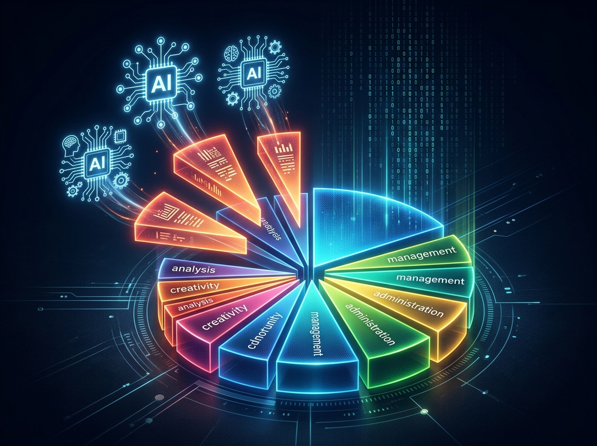 Pie chart of a job role with task slices lifting out and floating toward AI icons