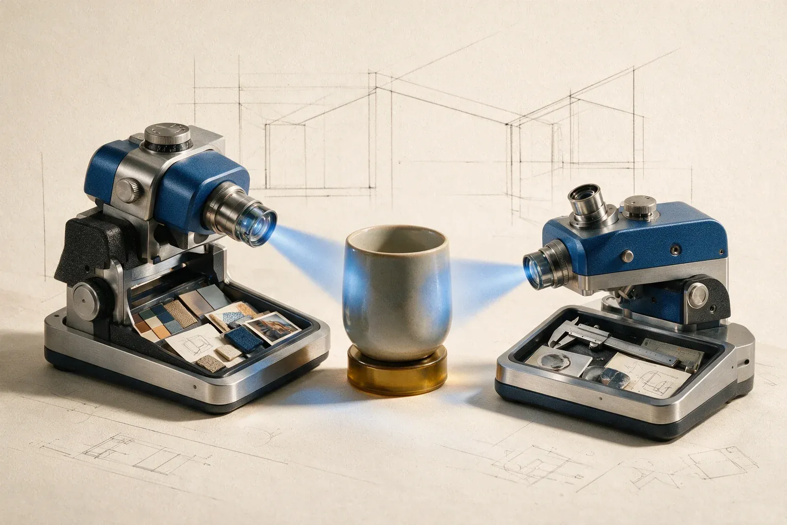 Two different inspection tools assess the same product sample.