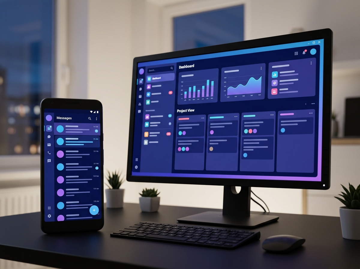 Mobile phone and desktop screen side by side showing same platform with native feel on both