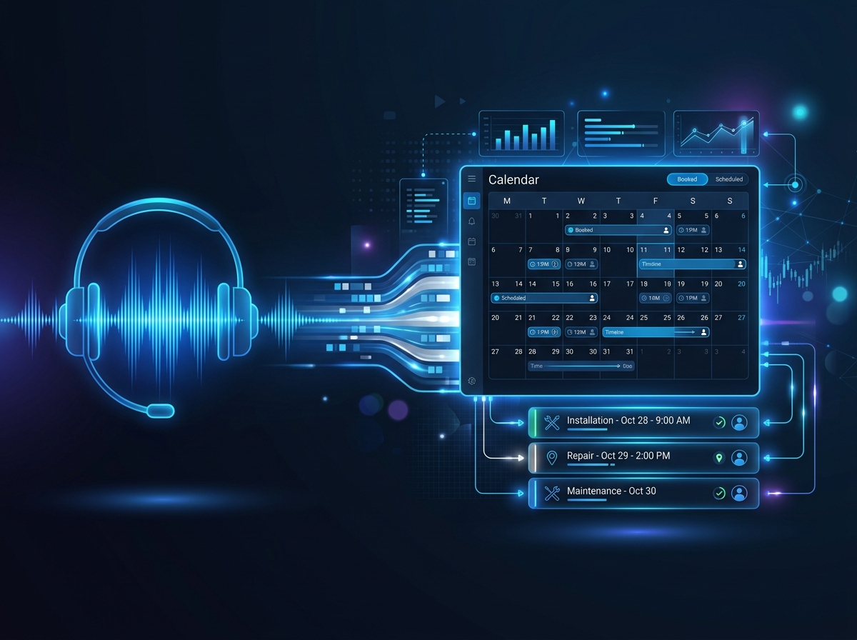 AI voice agent handling phone call with waveform, routing to job booking system with calendar